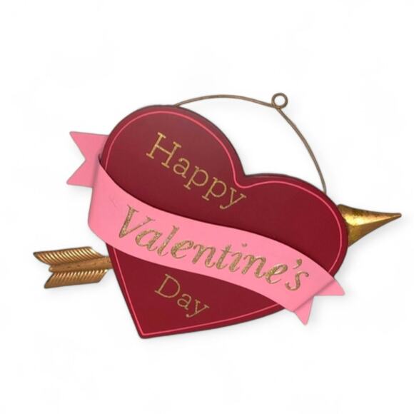 Happy Valentine's Day Red Heart Shaped Metal Wall Decor Gold Cupid's Arrow - Picture 1 of 14